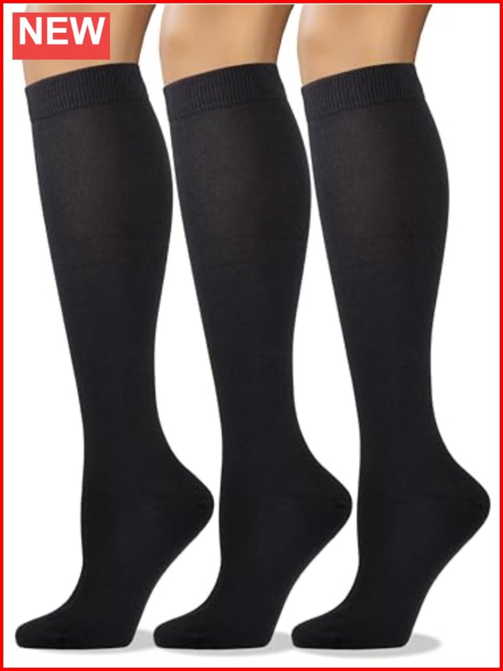 Combed Cotton Knee High Socks Seamless Toe 3 Pack Women Calf Socks